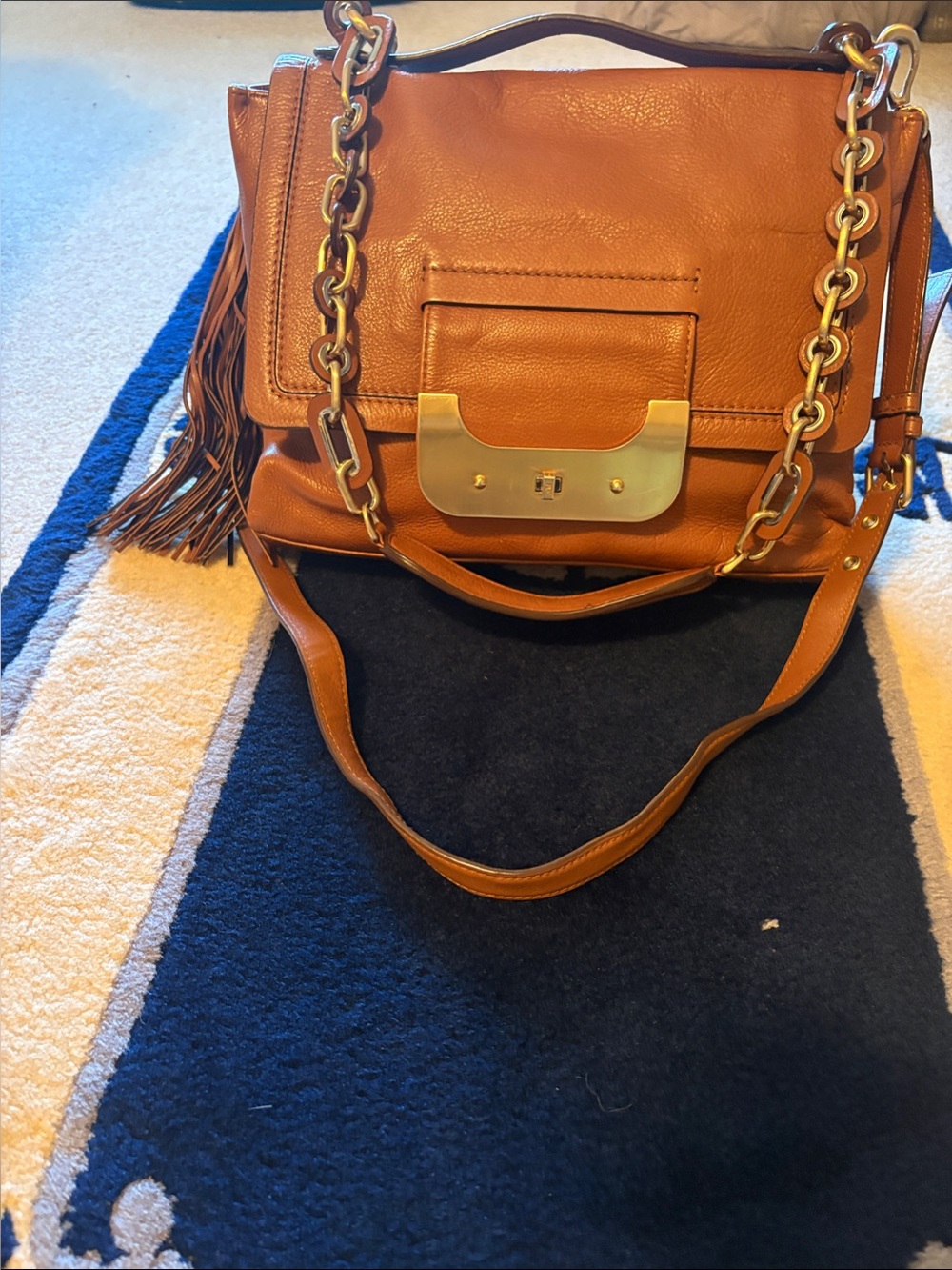 Diane Von Furstenberg Cognac Leather Shoulder Bag with Gold Chain